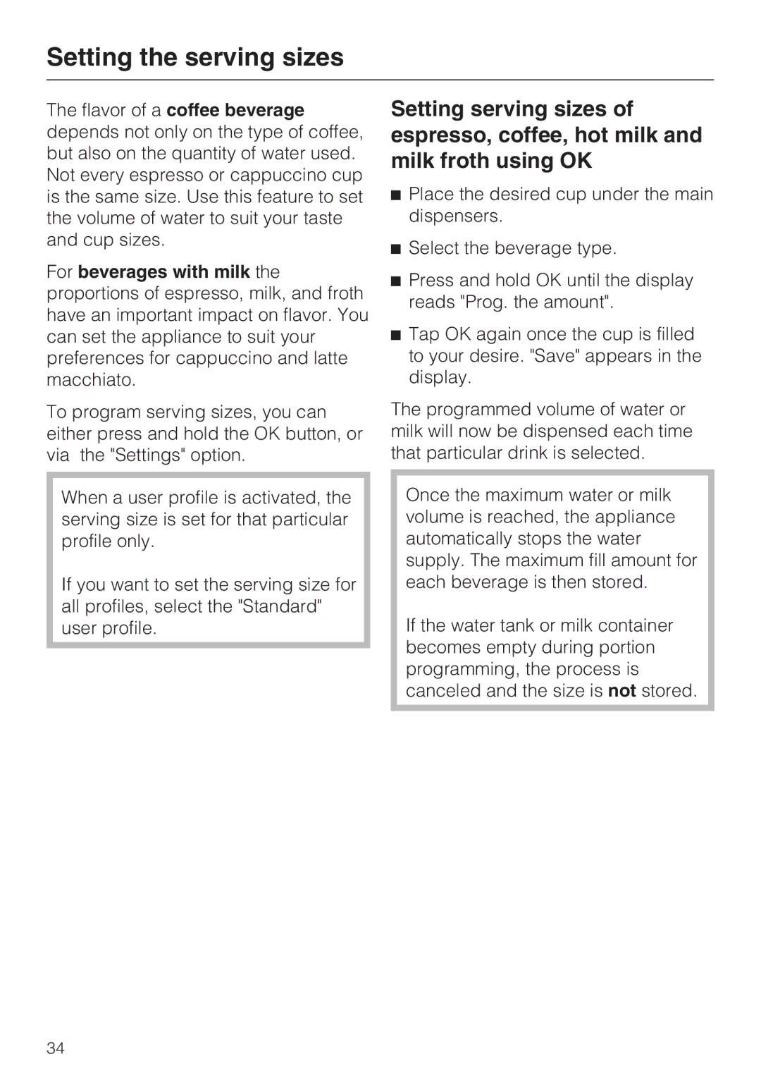 Miele CVA 4066 installation instructions Setting the serving sizes 