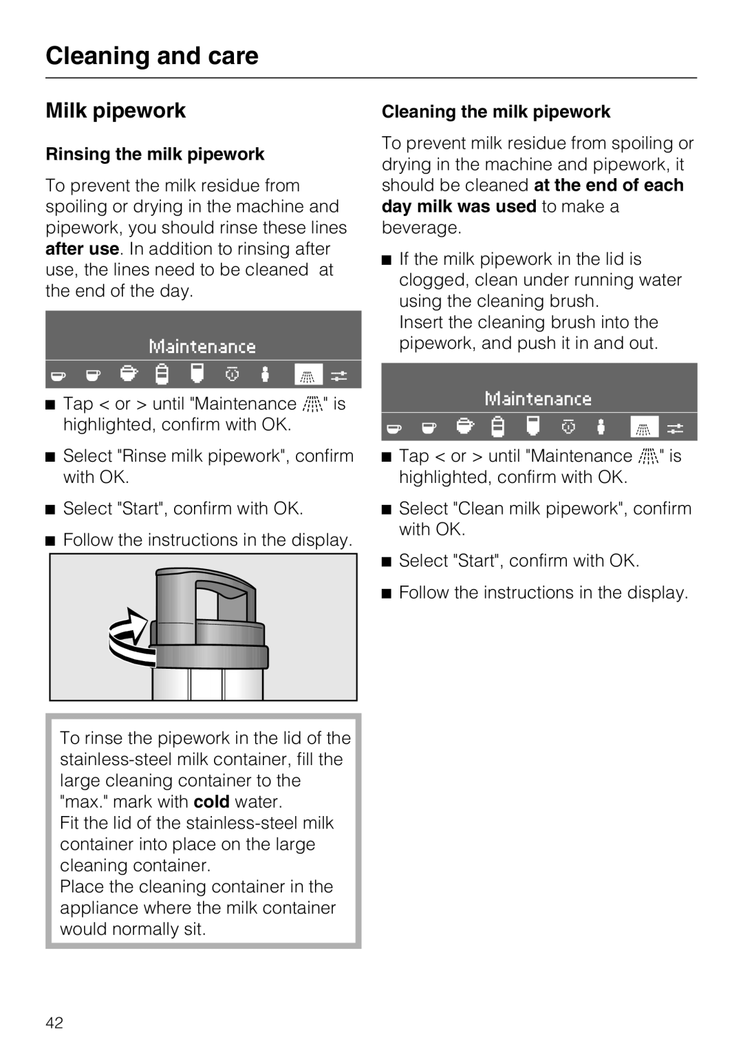 Miele CVA 4066 installation instructions Milk pipework, Rinsing the milk pipework, Cleaning the milk pipework 