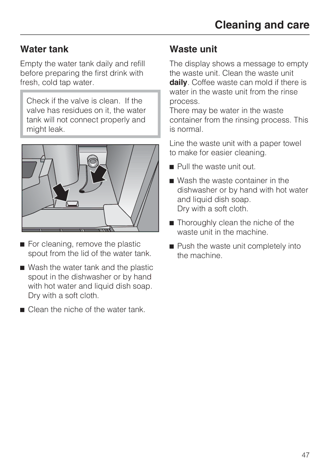 Miele CVA 4066 installation instructions Water tank, Waste unit 