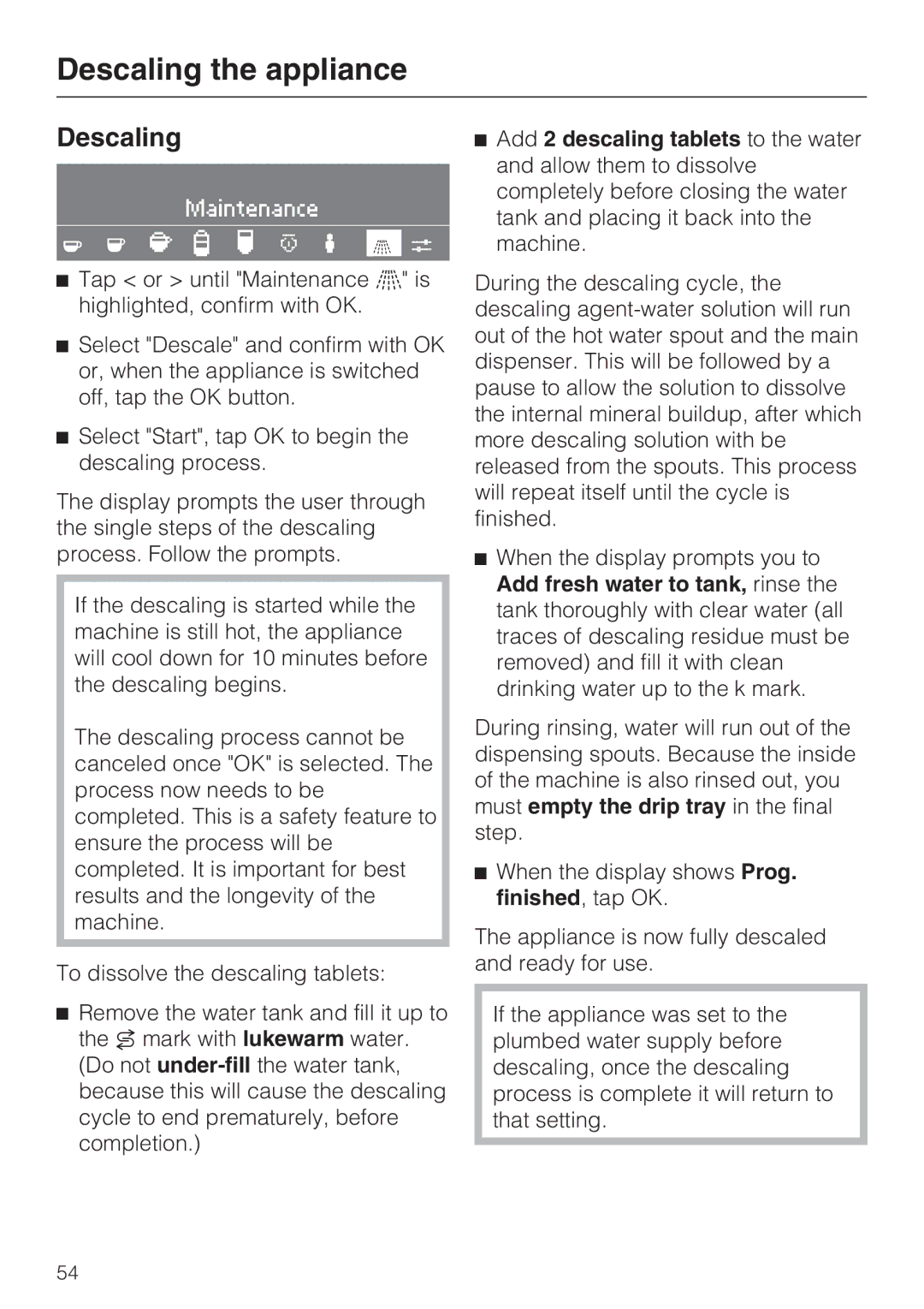 Miele CVA 4066 installation instructions Descaling 