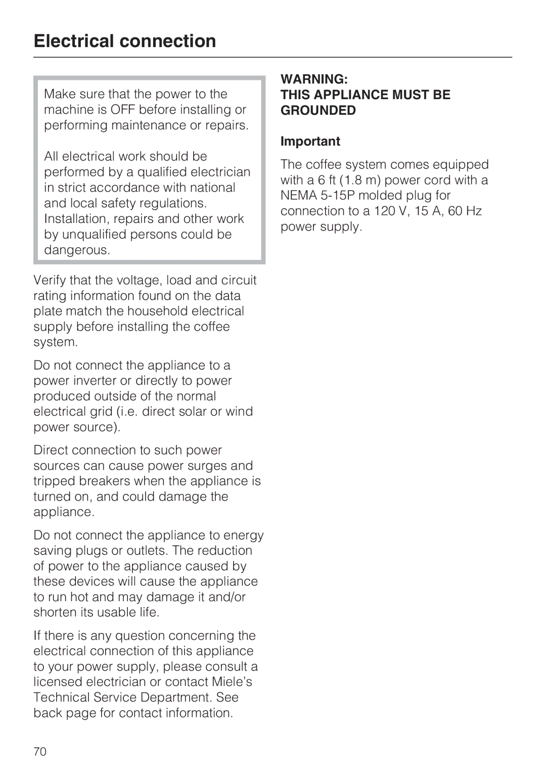 Miele CVA 4066 installation instructions Electrical connection, This Appliance Must be Grounded 