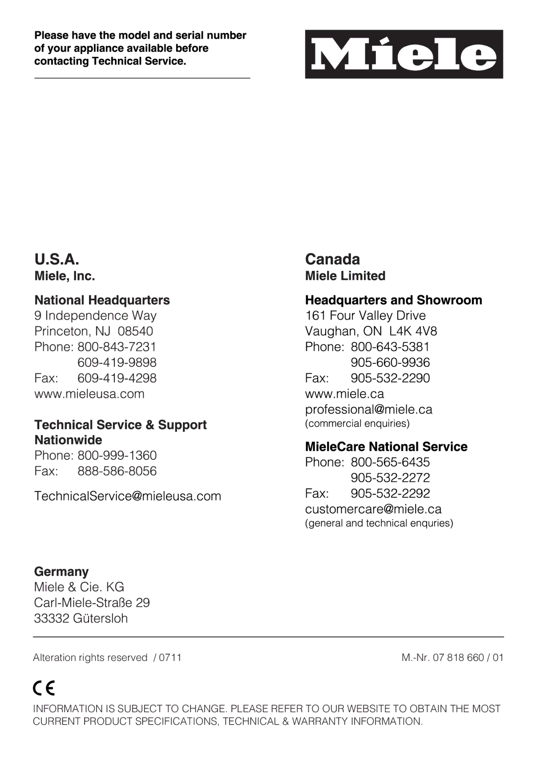 Miele CVA 4066 installation instructions Alteration rights reserved Nr 818 660 