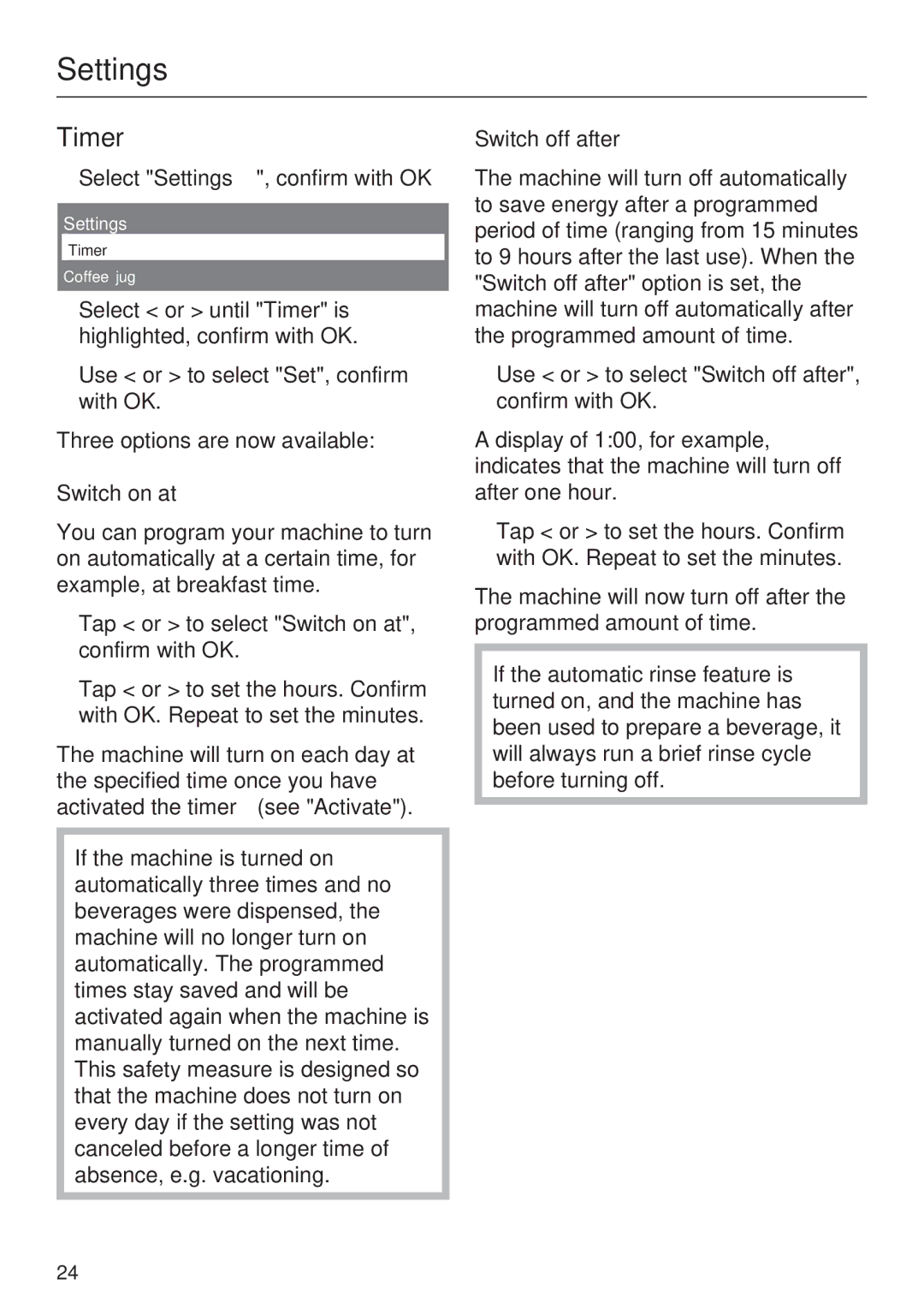 Miele CVA 4068, CVA 4062 installation instructions Timer, Switch on at, Switch off after 