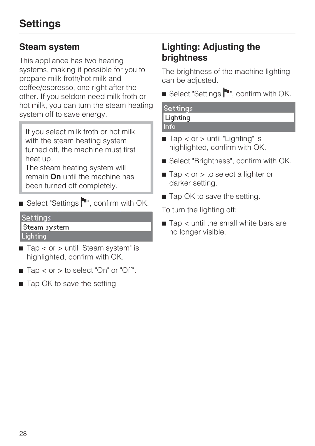 Miele CVA 4068, CVA 4062 installation instructions Steam system, Lighting Adjusting the brightness 