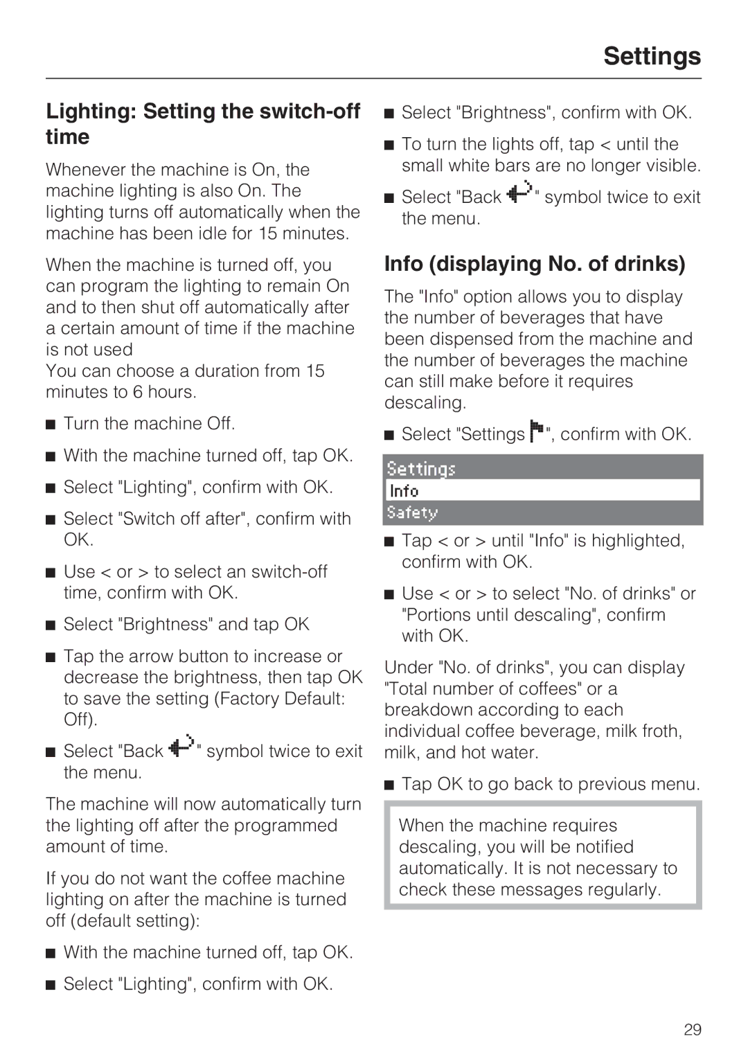 Miele CVA 4062, CVA 4068 installation instructions Lighting Setting the switch-off time, Info displaying No. of drinks 