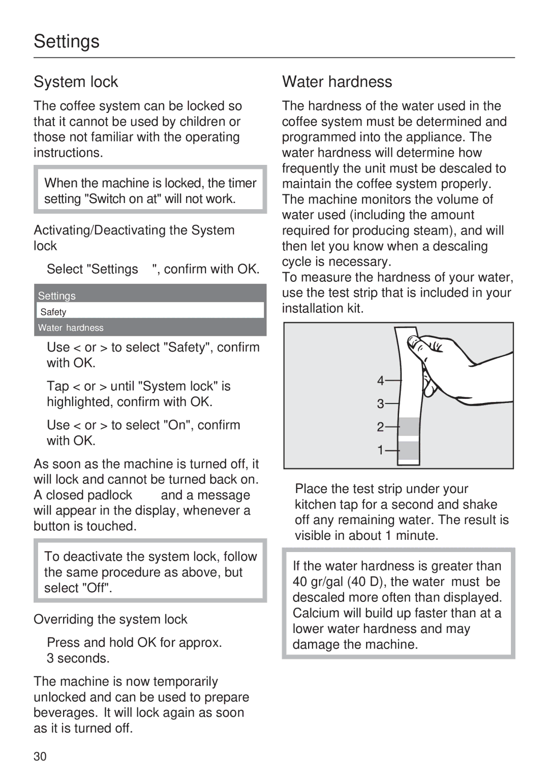 Miele CVA 4068, CVA 4062 Water hardness, Activating/Deactivating the System lock, Overriding the system lock 