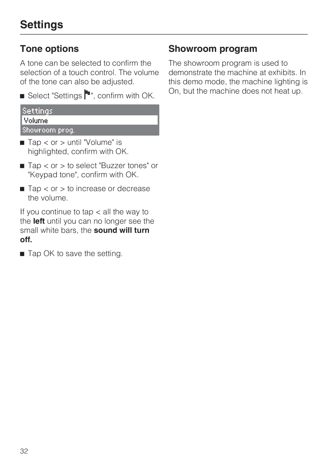 Miele CVA 4068, CVA 4062 installation instructions Tone options, Showroom program 