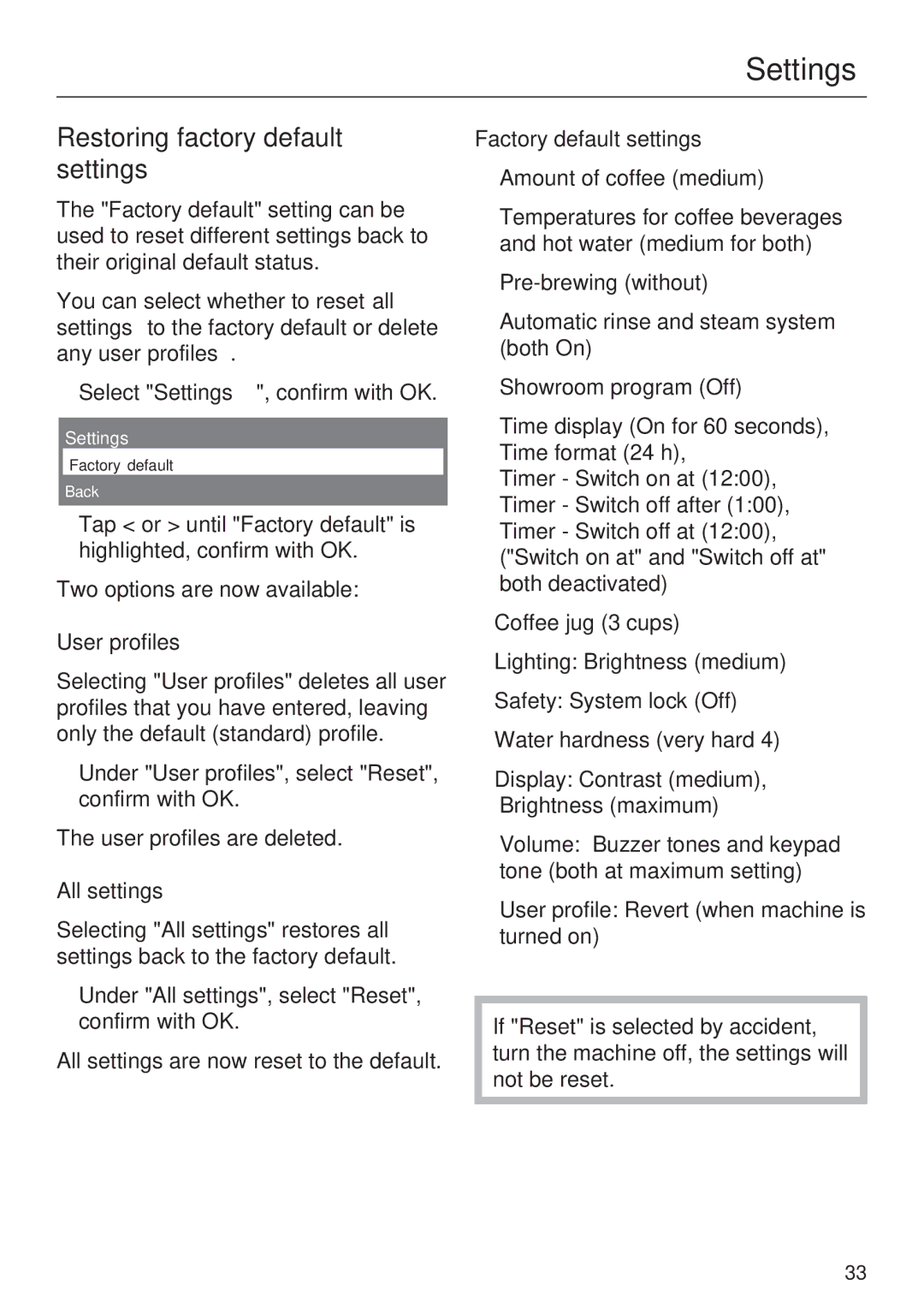 Miele CVA 4062, CVA 4068 Restoring factory default settings, User profiles, All settings, Factory default settings 