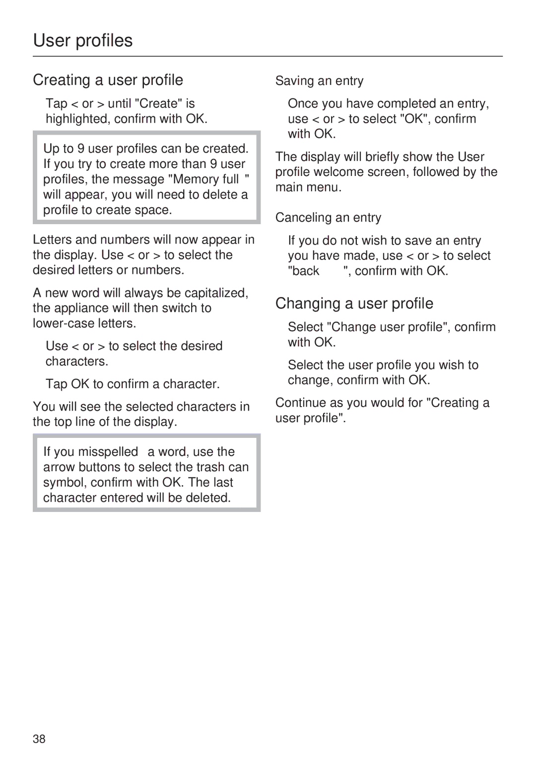 Miele CVA 4068, CVA 4062 Creating a user profile, Changing a user profile, Saving an entry, Canceling an entry 