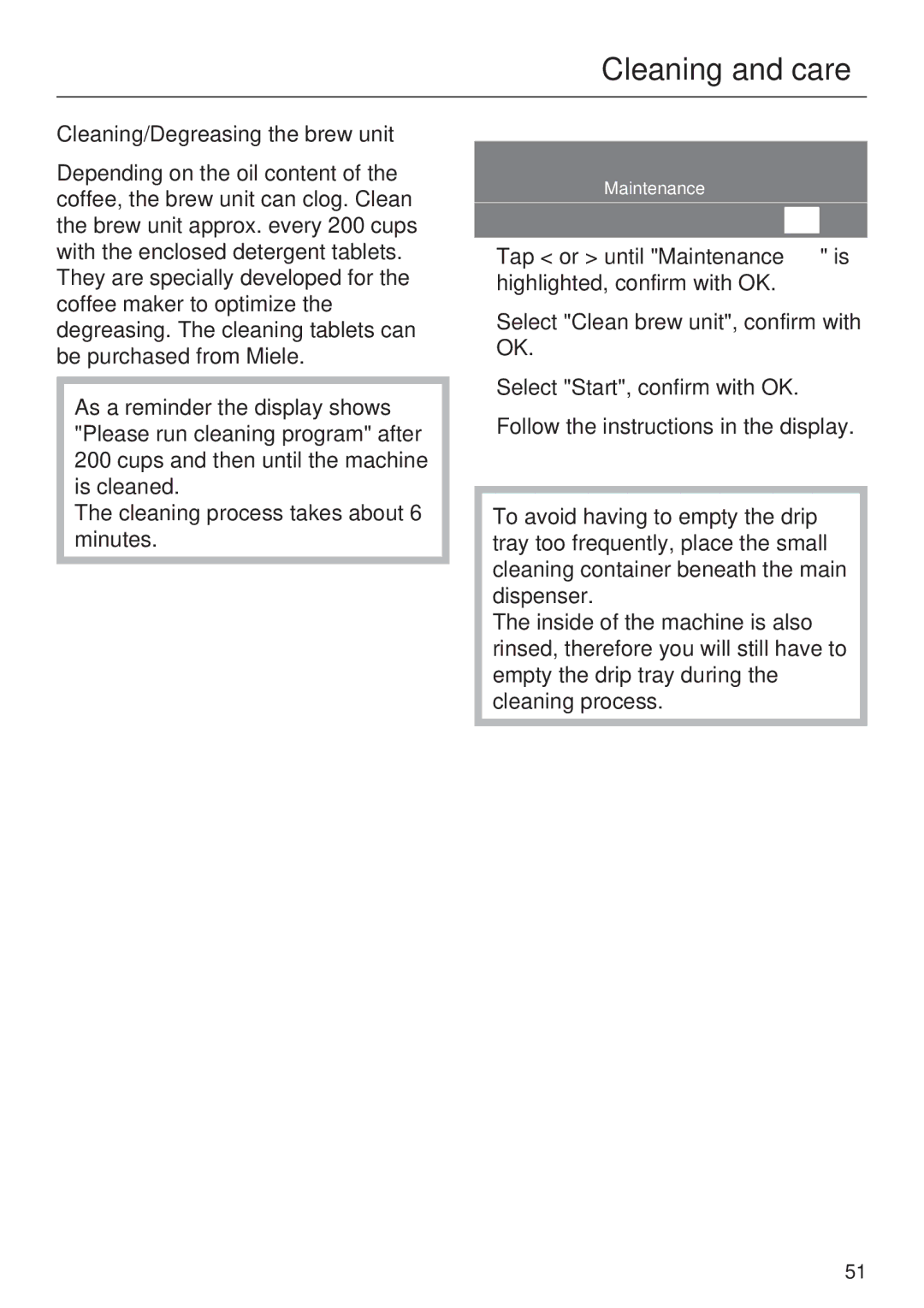 Miele CVA 4062, CVA 4068 installation instructions Cleaning/Degreasing the brew unit 