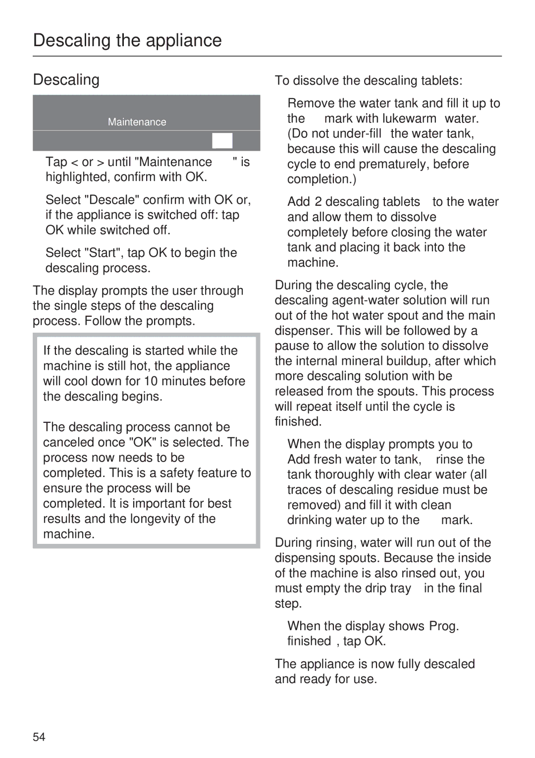 Miele CVA 4068, CVA 4062 installation instructions Descaling 