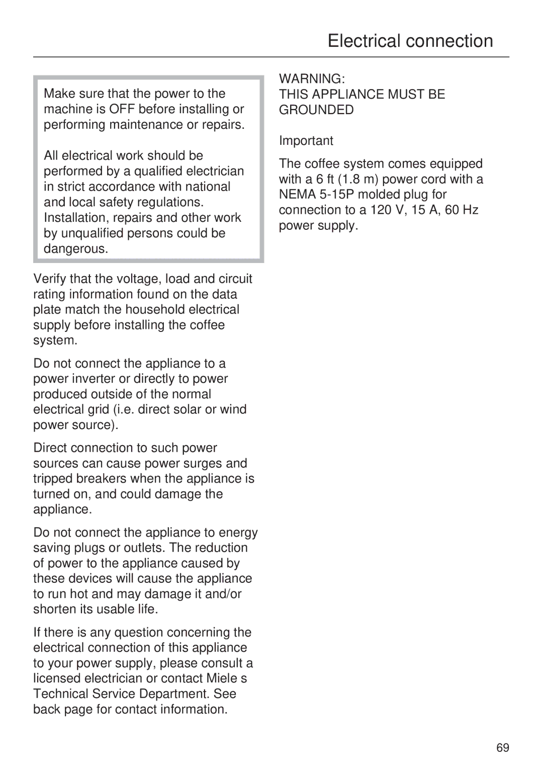 Miele CVA 4062, CVA 4068 installation instructions Electrical connection, This Appliance Must be Grounded 