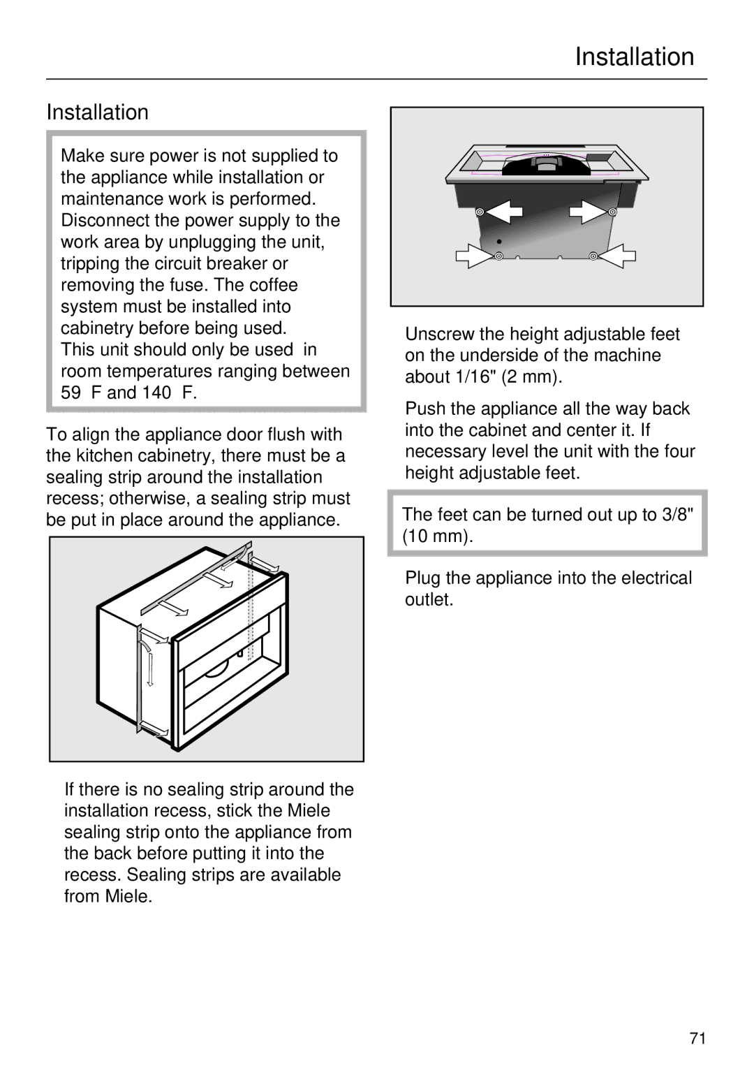 Miele CVA 4062, CVA 4068 installation instructions Installation 