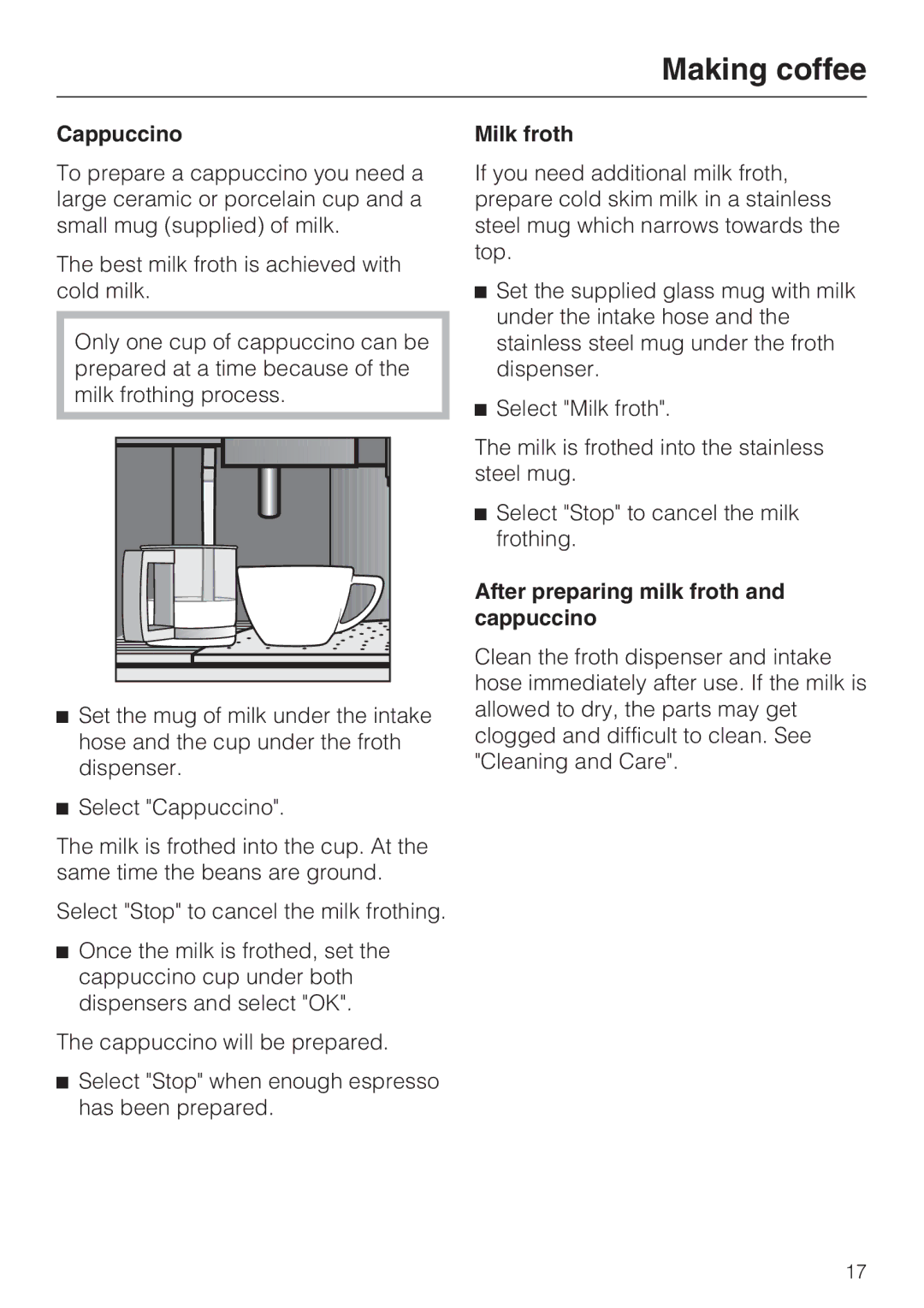 Miele CVA 4070 installation instructions Cappuccino Milk froth, After preparing milk froth 