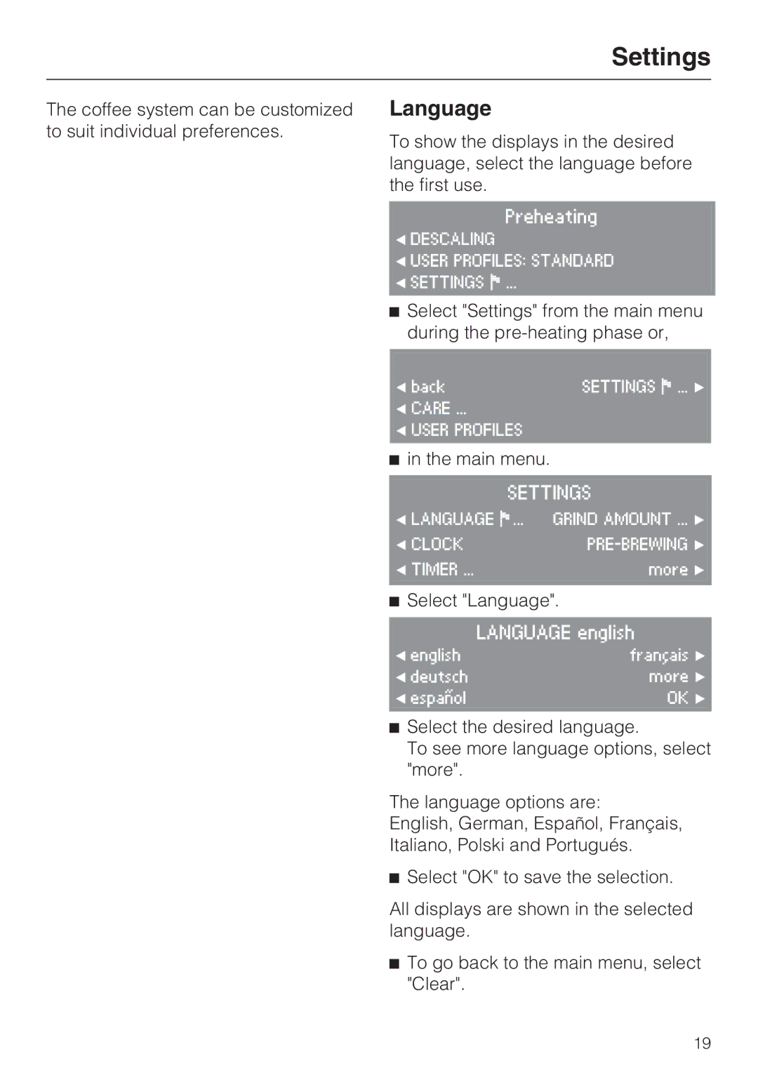 Miele CVA 4070 installation instructions Settings, Language 