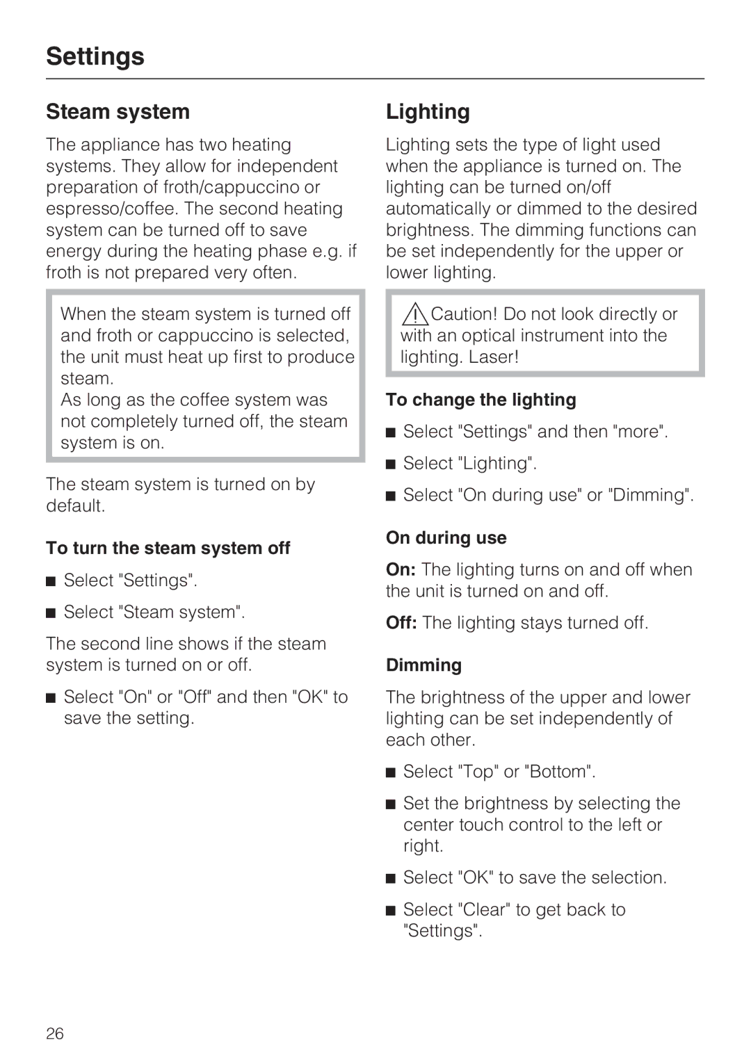 Miele CVA 4070 installation instructions Steam system, Lighting 