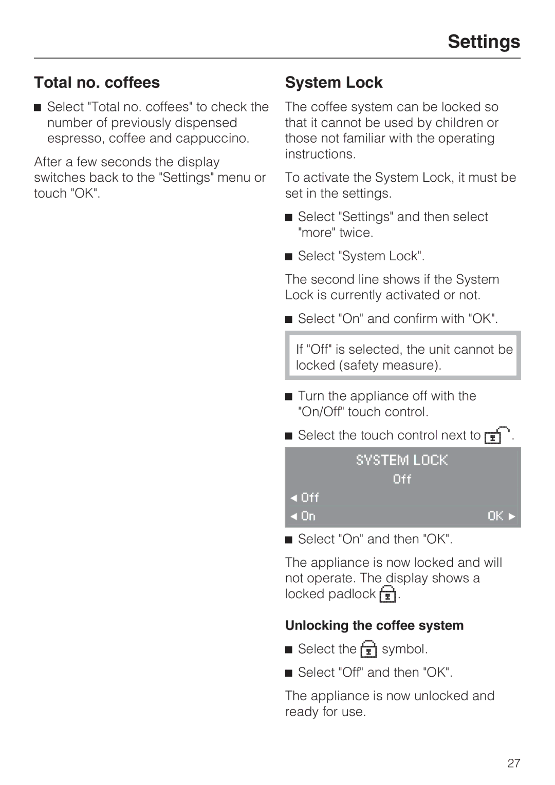 Miele CVA 4070 installation instructions Total no. coffees, System Lock, Unlocking the coffee system 