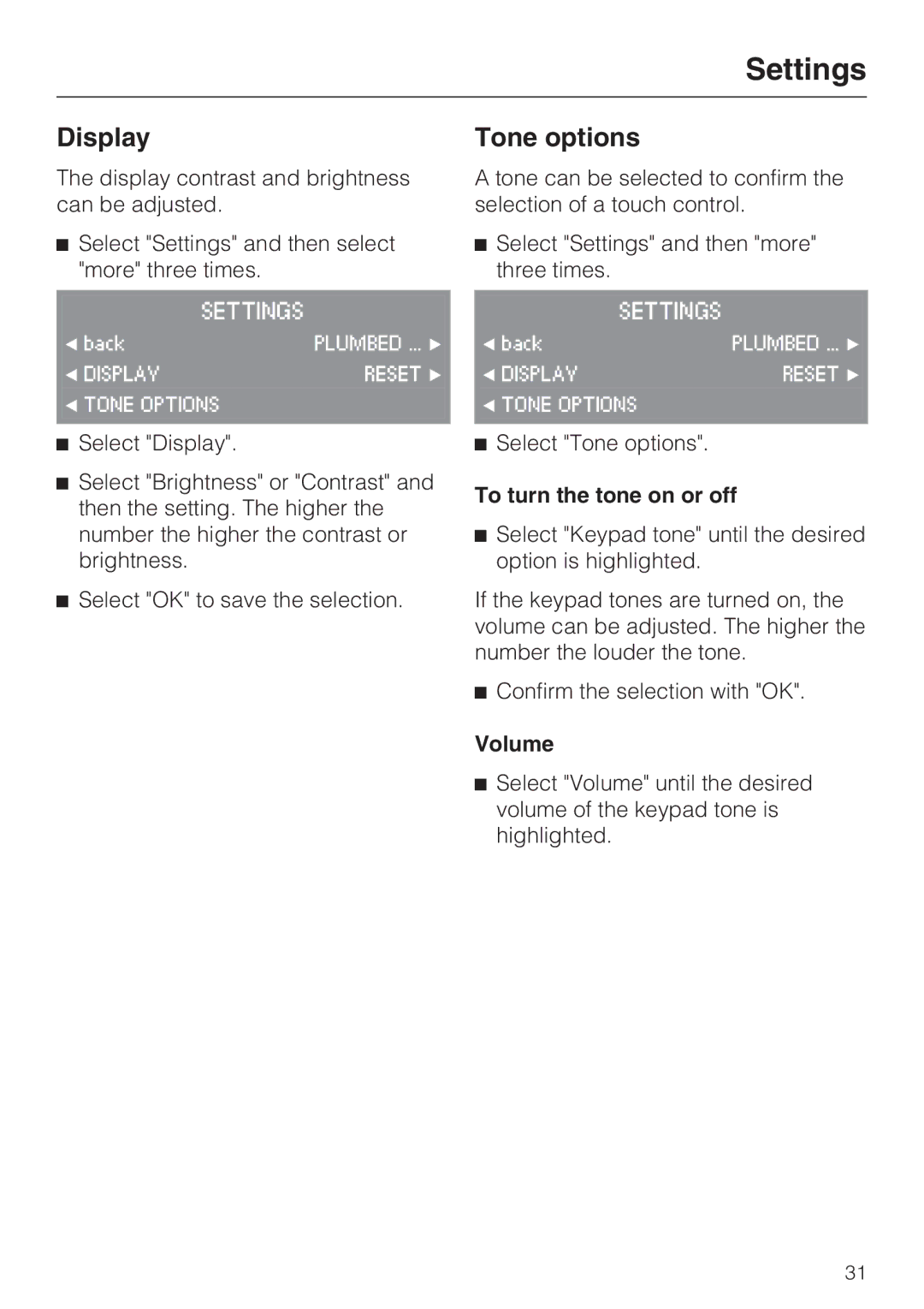 Miele CVA 4070 installation instructions Tone options, To turn the tone on or off, Volume 