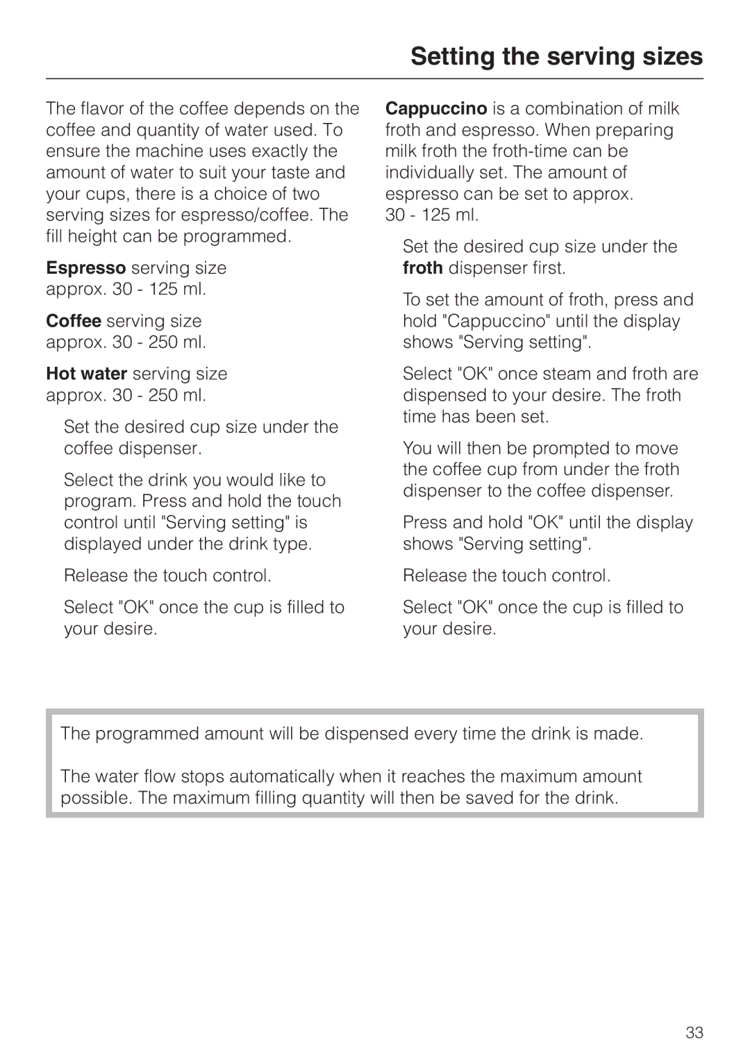 Miele CVA 4070 installation instructions Setting the serving sizes 