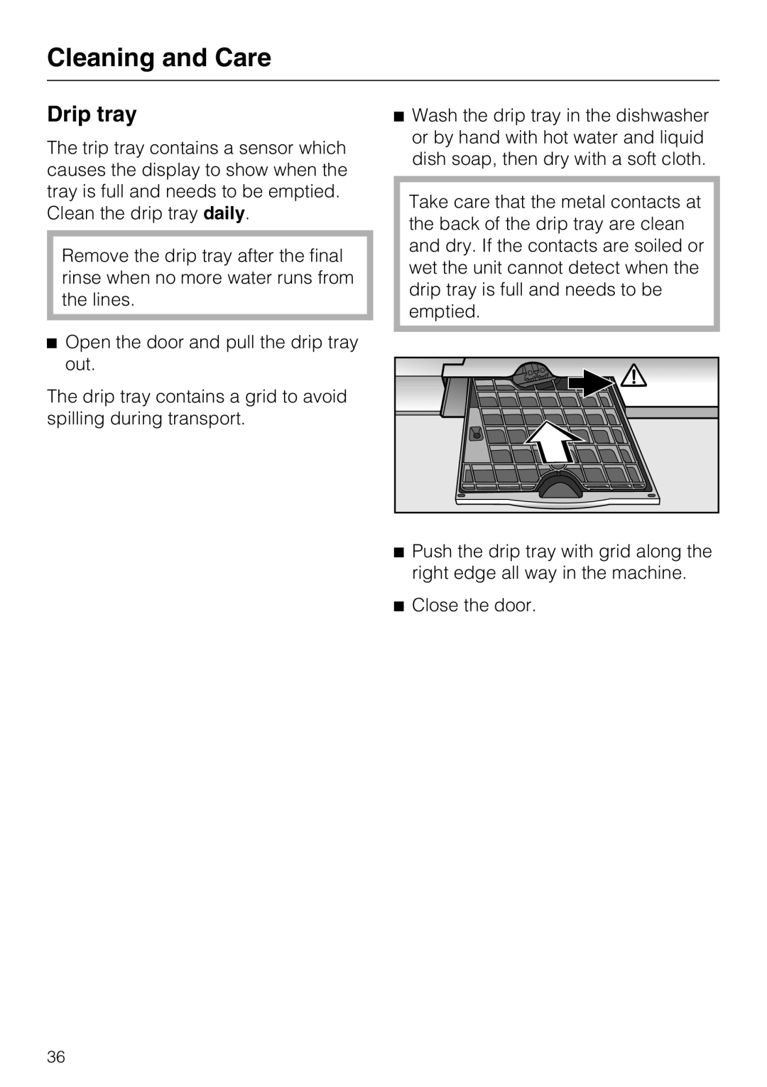 Miele CVA 4070 installation instructions Drip tray 