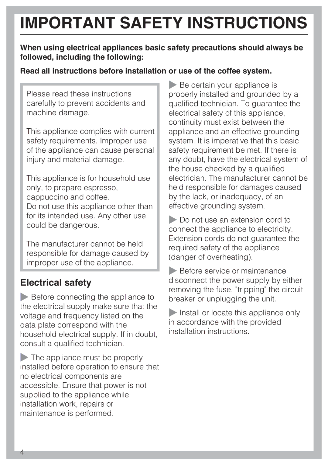 Miele CVA 4070 installation instructions Important Safety Instructions, Electrical safety 