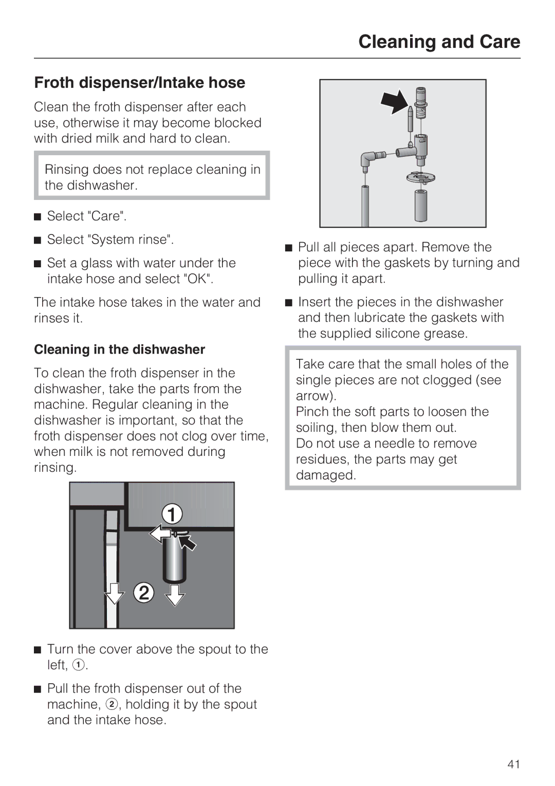 Miele CVA 4070 installation instructions Froth dispenser/Intake hose, Cleaning in the dishwasher 