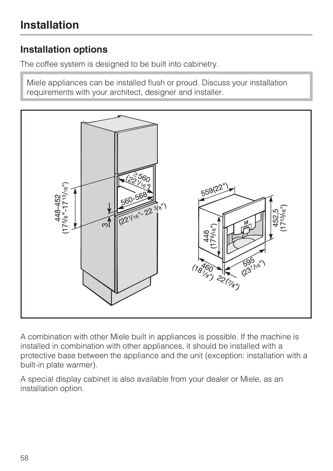 Miele CVA 4070 installation instructions Installation options 