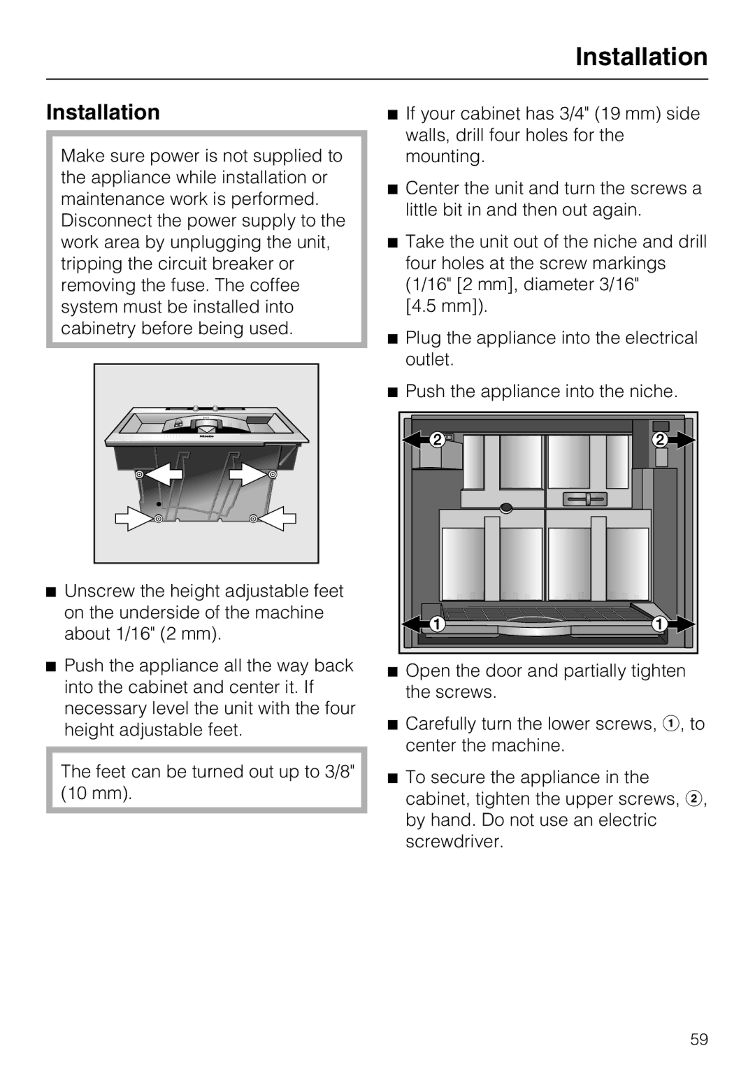 Miele CVA 4070 installation instructions Installation 