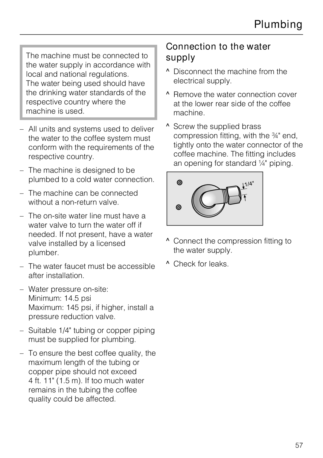 Miele CVA 4075 EN-CA installation instructions Plumbing, Connection to the water supply 