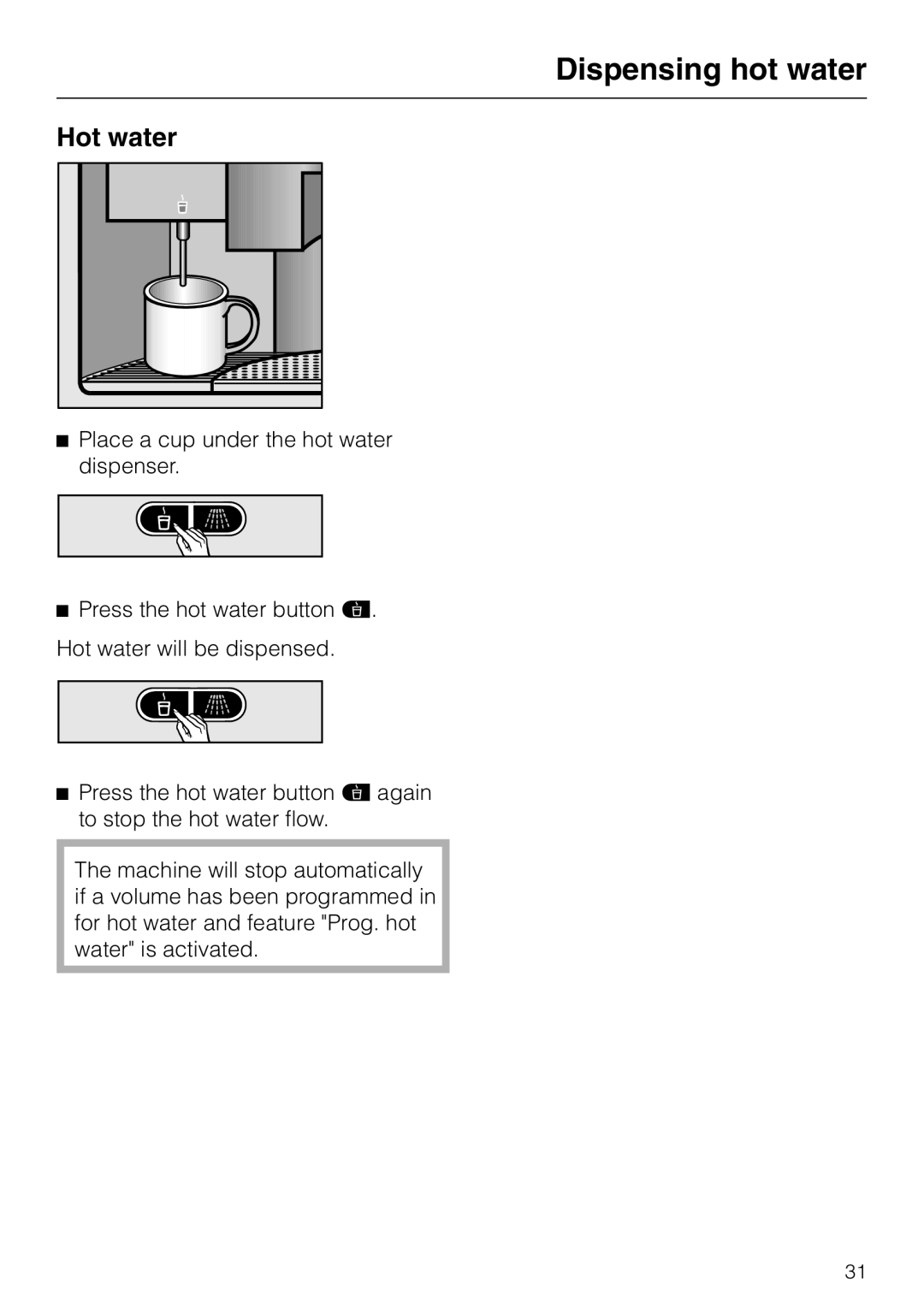 Miele CVA 615 operating instructions Dispensing hot water, Hot water 