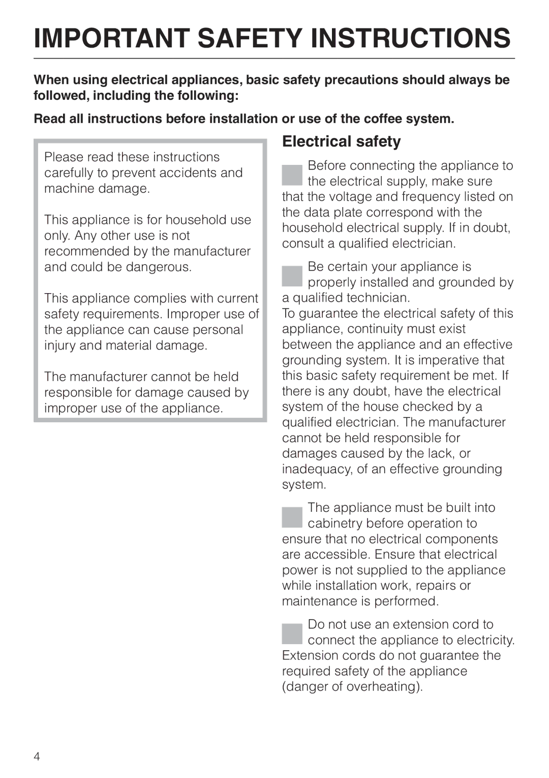 Miele CVA 615 operating instructions Important Safety Instructions, Electrical safety 