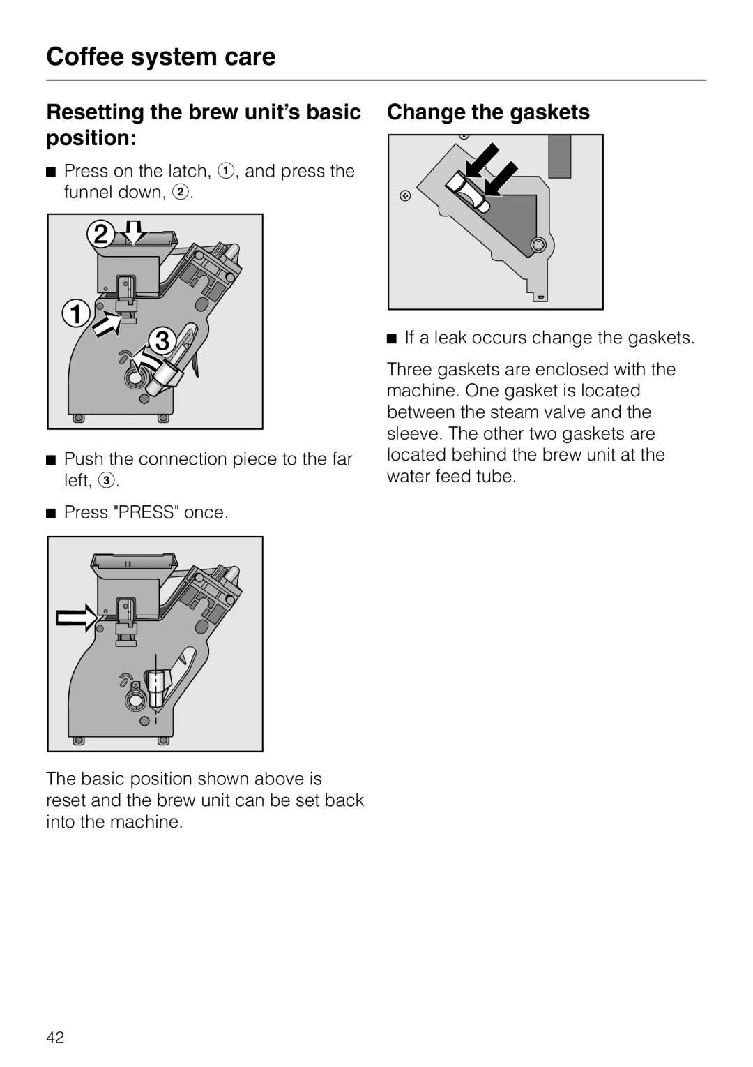 Miele CVA 615 operating instructions Resetting the brew unit’s basic Change the gaskets position 