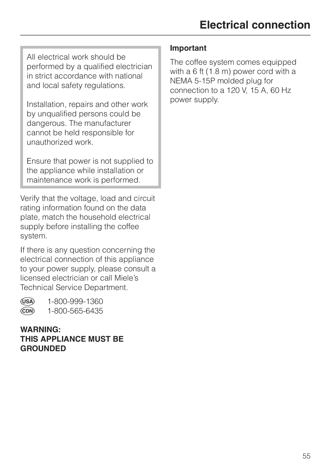 Miele CVA 615 operating instructions Electrical connection, This Appliance Must be Grounded 