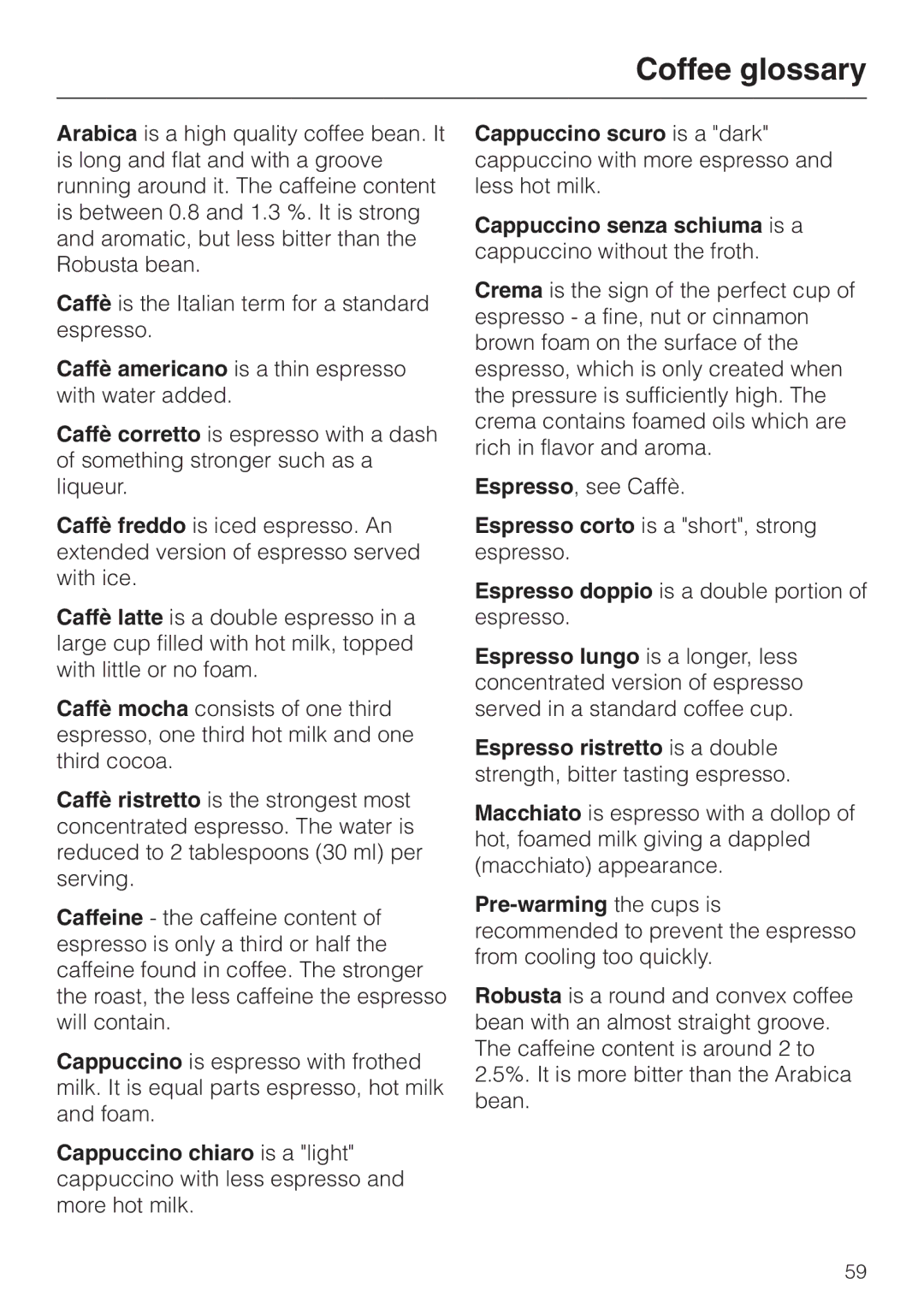 Miele CVA 615 operating instructions Coffee glossary 