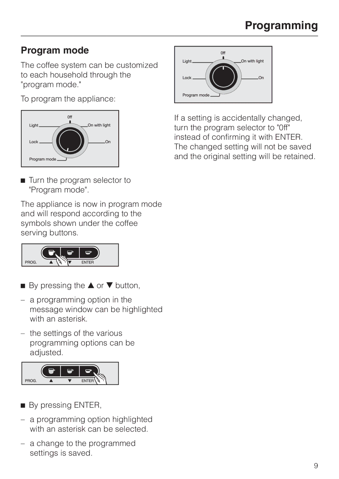 Miele CVA 615 operating instructions Programming, Program mode 