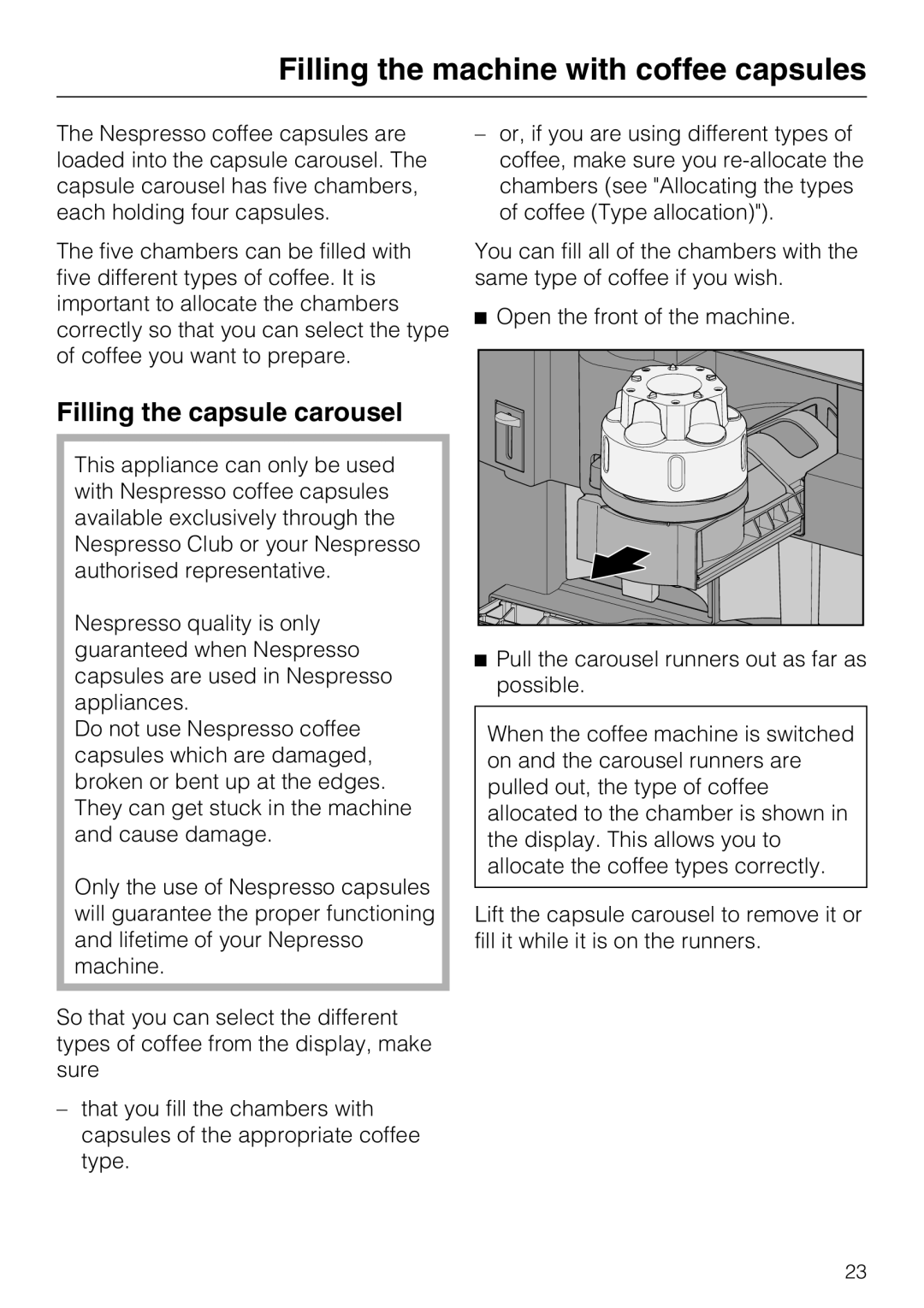 Miele CVA 6431 (C) installation instructions Filling the machine with coffee capsules, Filling the capsule carousel 