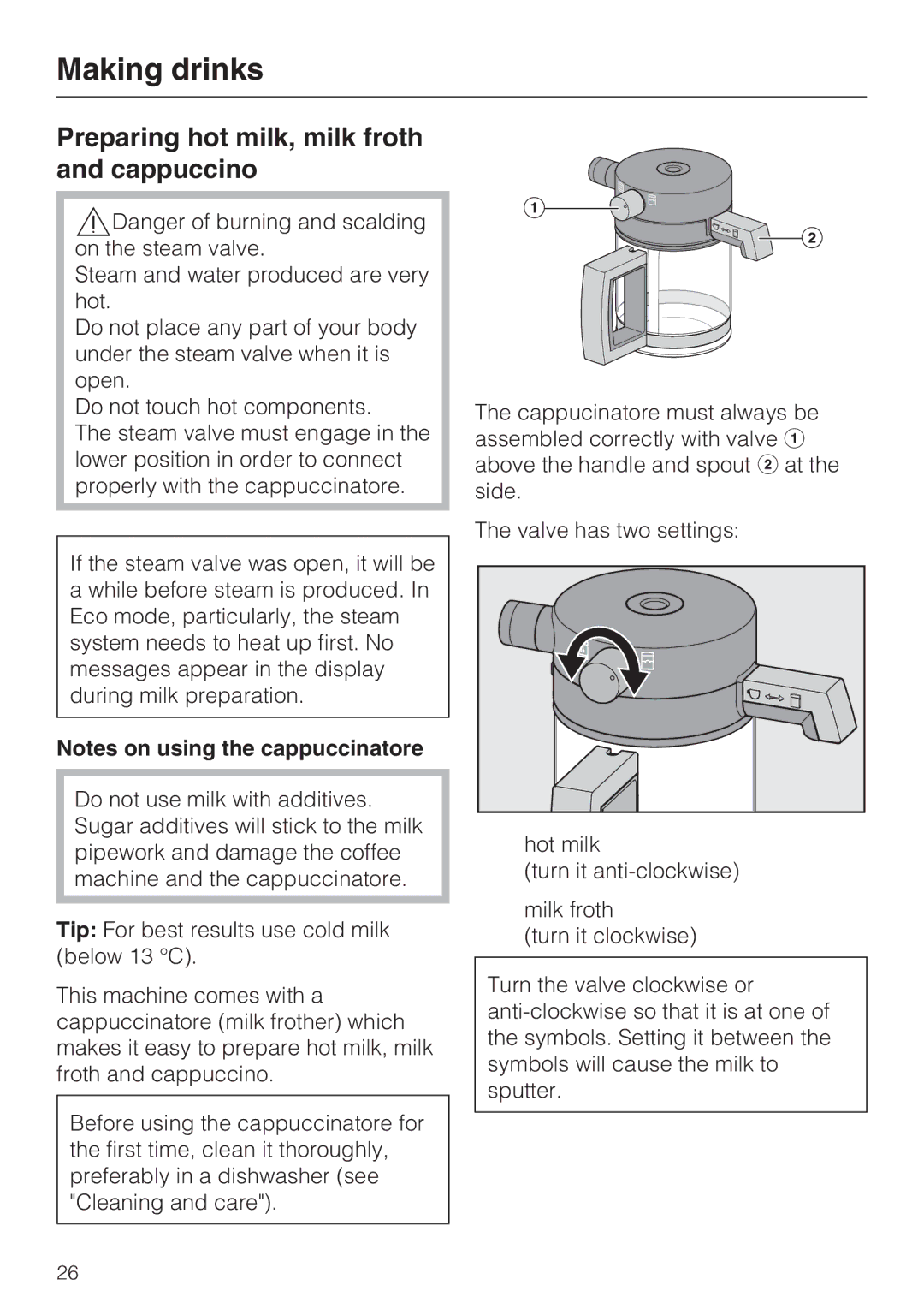 Miele CVA 6431 (C) installation instructions Preparing hot milk, milk froth and cappuccino 