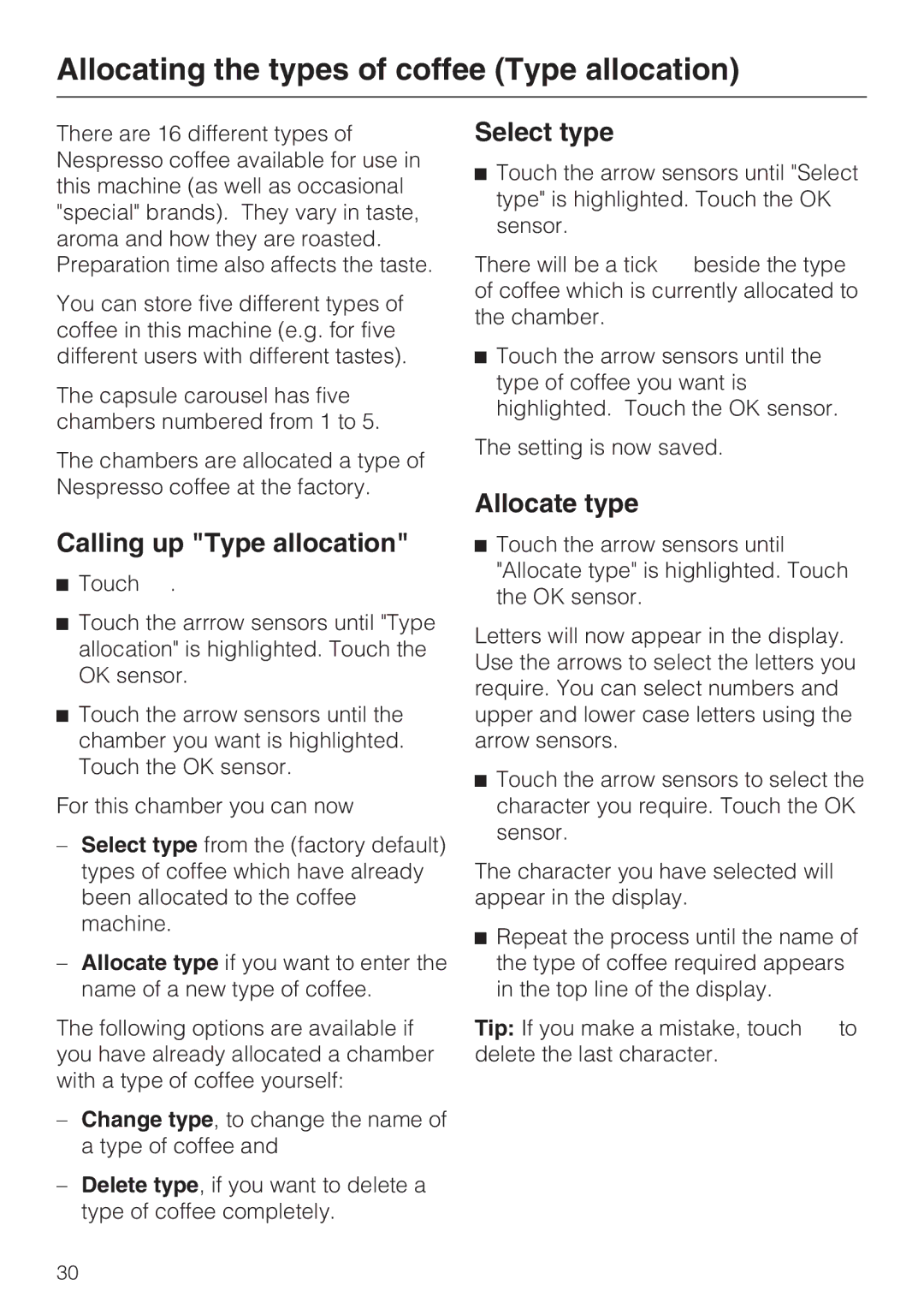 Miele CVA 6431 (C) Allocating the types of coffee Type allocation, Calling up Type allocation, Select type, Allocate type 