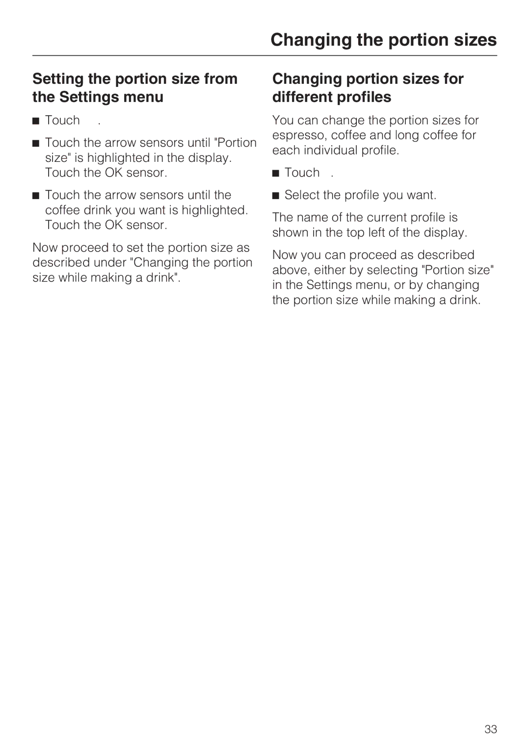 Miele CVA 6431 (C) Setting the portion size from the Settings menu, Changing portion sizes for different profiles 