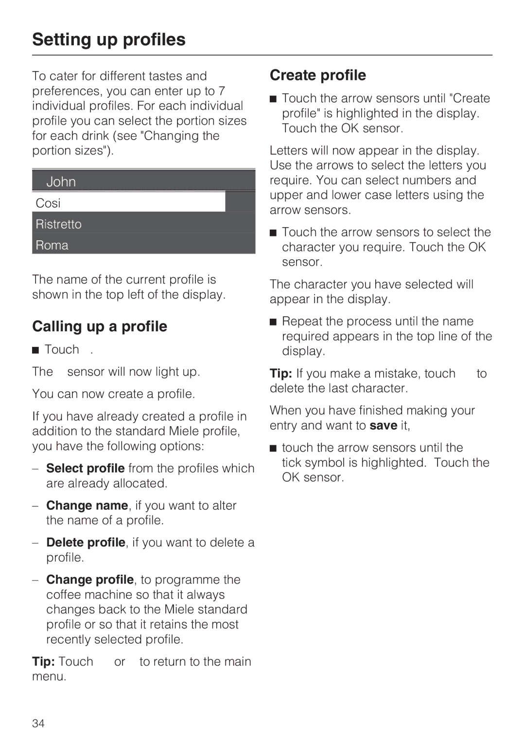 Miele CVA 6431 (C) installation instructions Setting up profiles, Calling up a profile, Create profile 