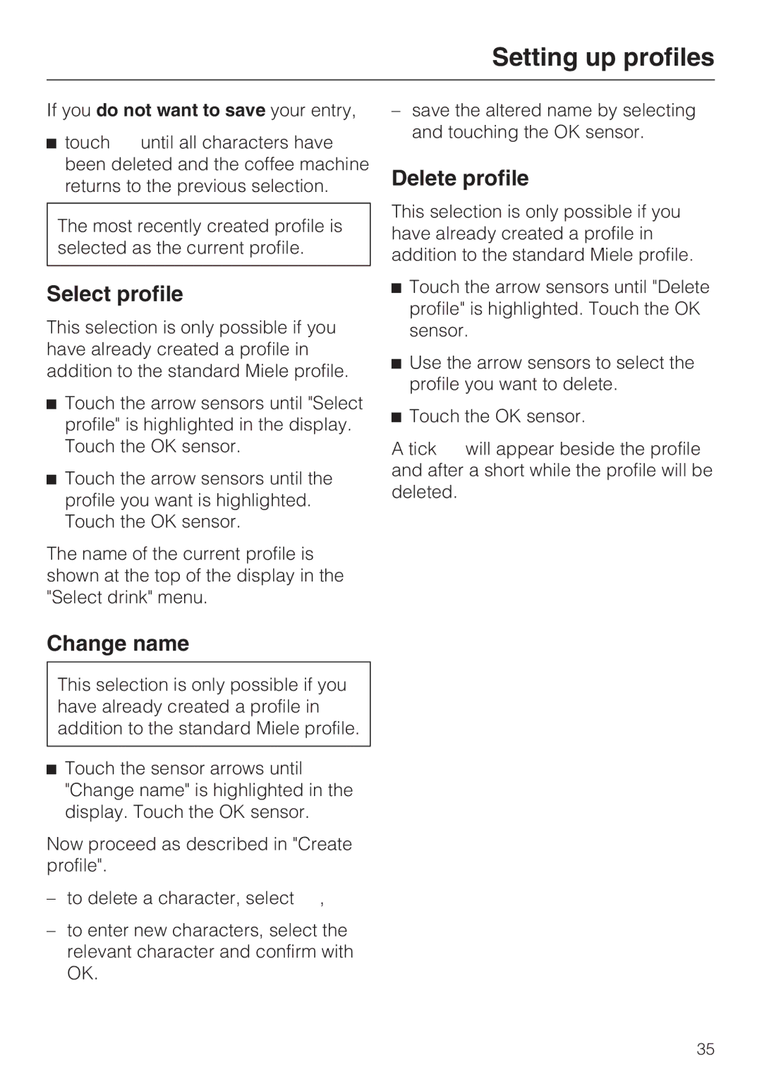 Miele CVA 6431 (C) installation instructions Select profile, Change name, Delete profile 