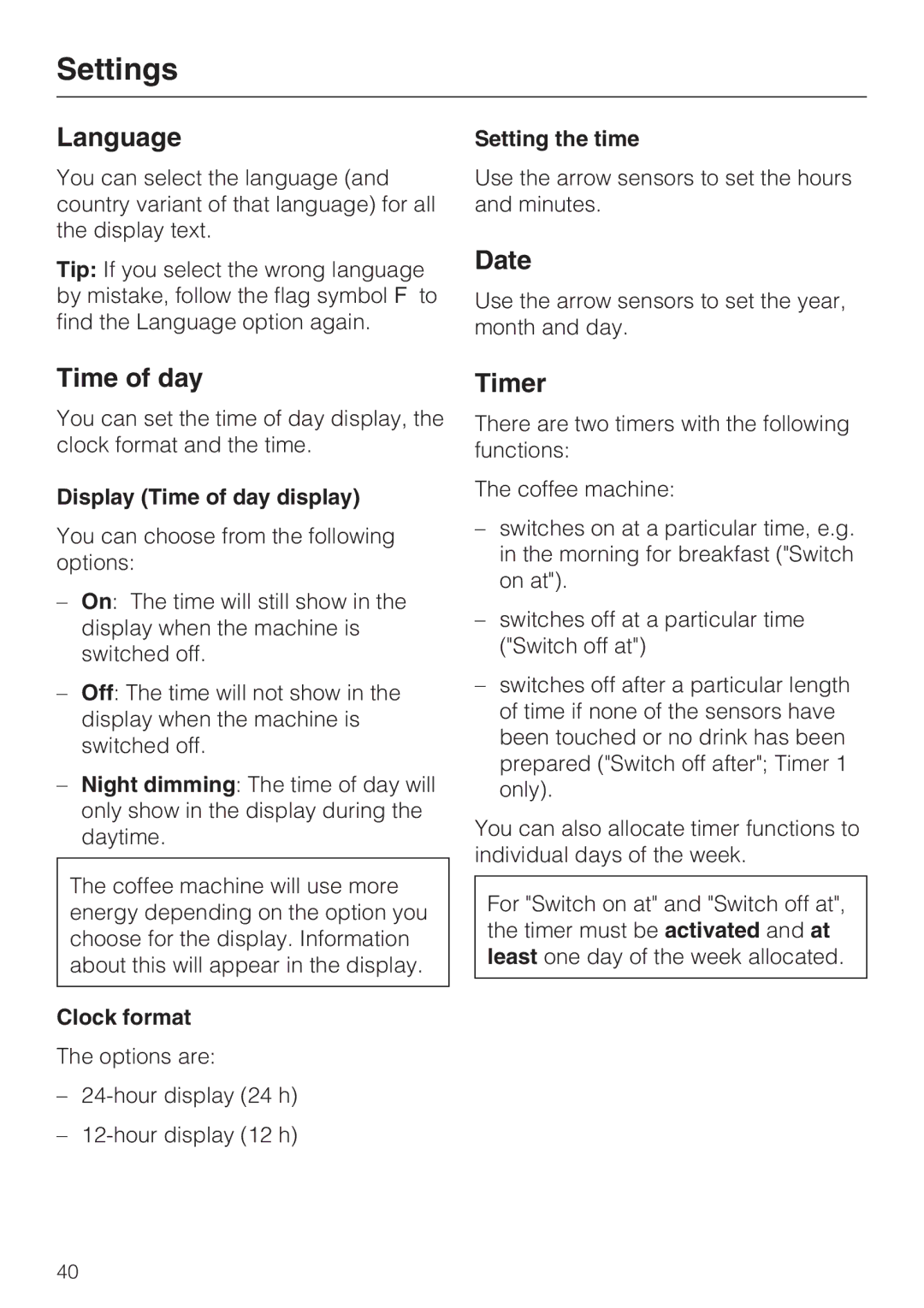 Miele CVA 6431 (C) installation instructions Language, Date, Time of day, Timer 