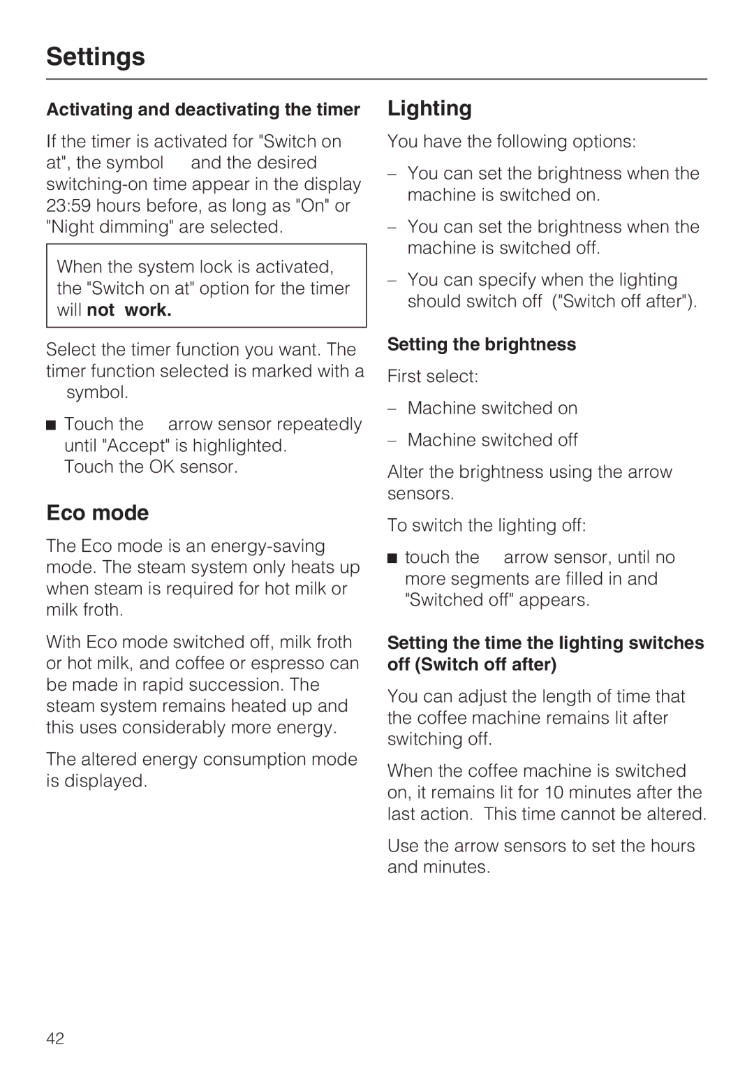 Miele CVA 6431 (C) Eco mode, Lighting, Activating and deactivating the timer, Setting the brightness 