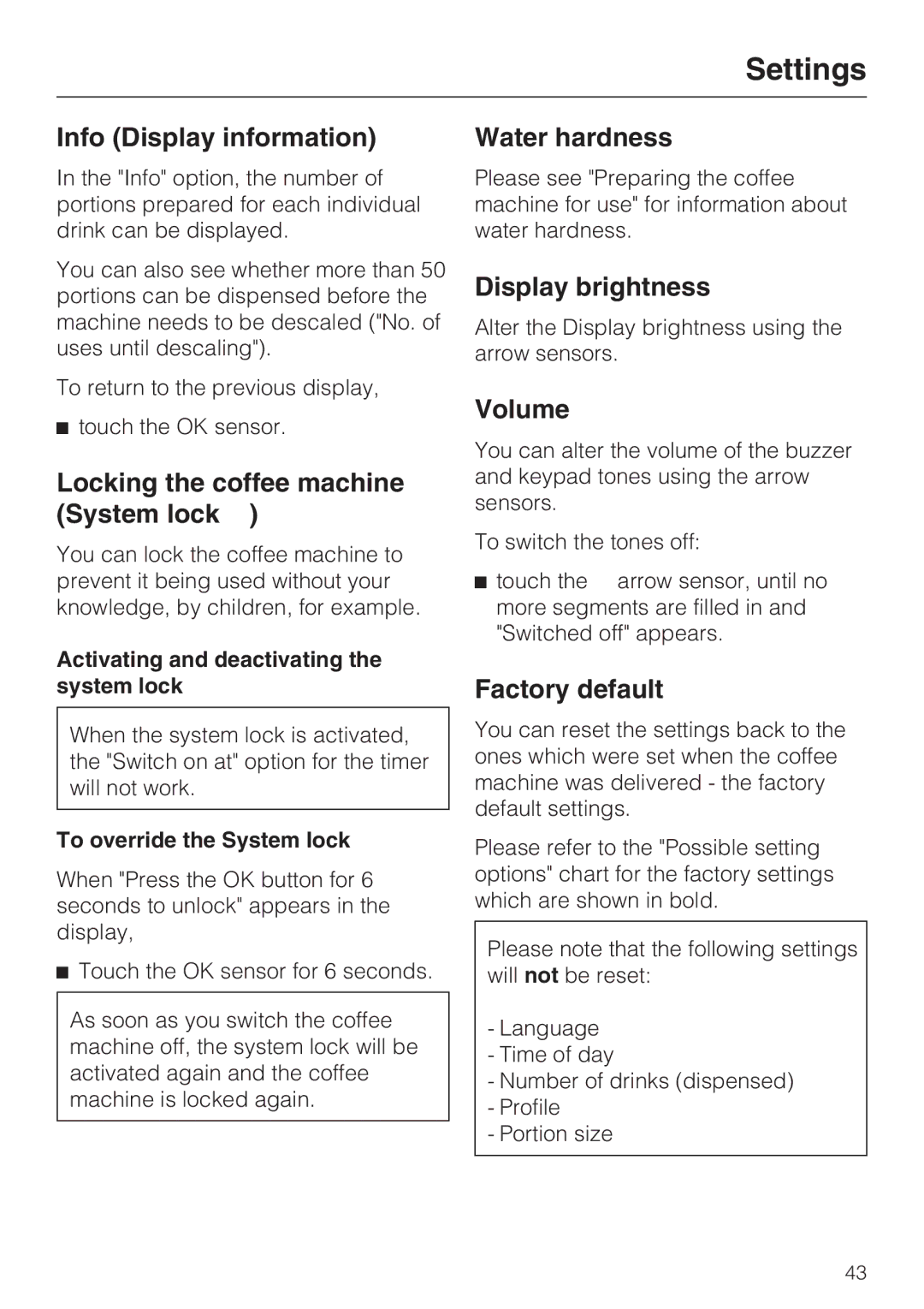 Miele CVA 6431 (C) Info Display information, Locking the coffee machine System lock, Display brightness, Volume 