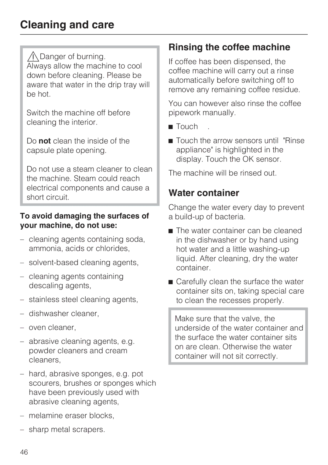 Miele CVA 6431 (C) Rinsing the coffee machine, Water container, To avoid damaging the surfaces of your machine, do not use 