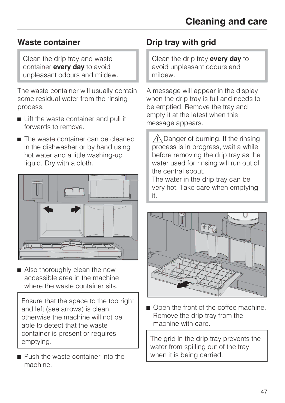 Miele CVA 6431 (C) installation instructions Waste container Drip tray with grid 