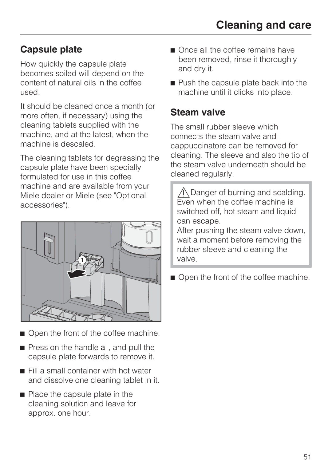 Miele CVA 6431 (C) installation instructions Capsule plate, Steam valve 