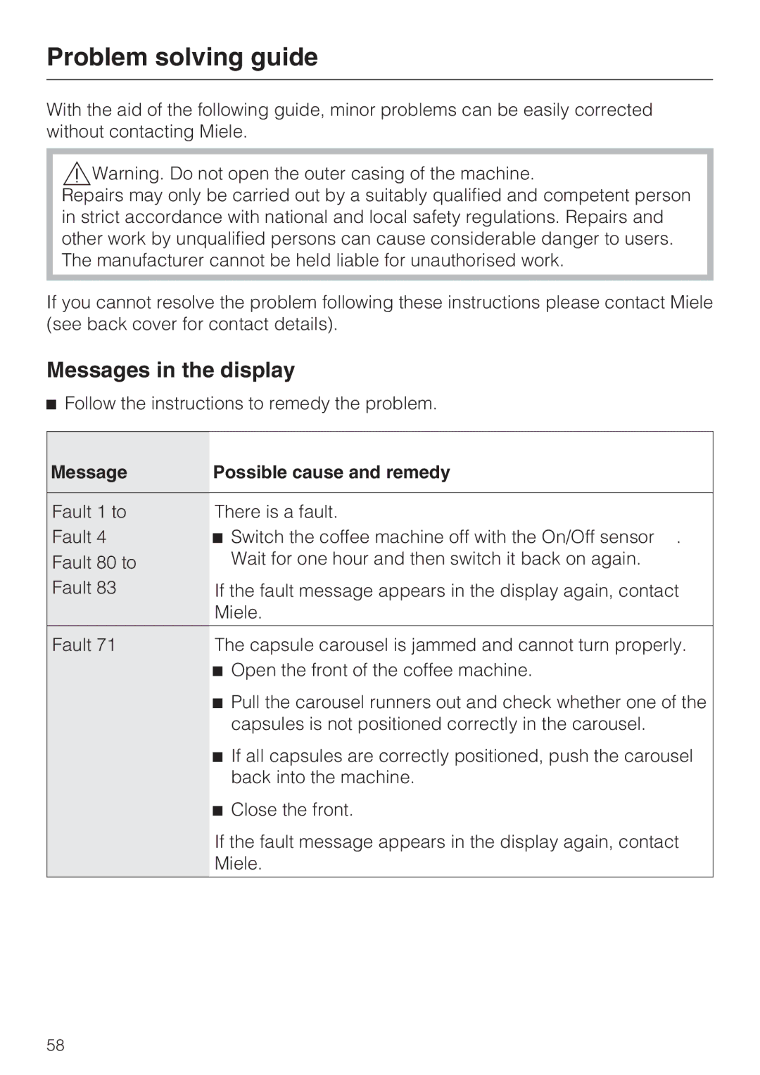 Miele CVA 6431 (C) Problem solving guide, Messages in the display, Message Possible cause and remedy 