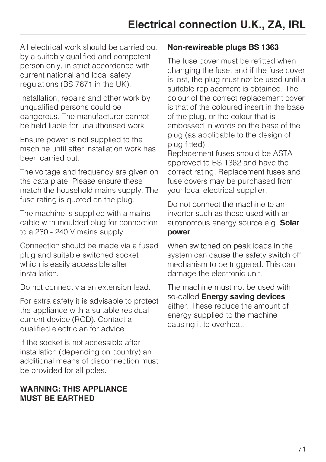 Miele CVA 6431 (C) installation instructions Electrical connection U.K., ZA, IRL, Non-rewireable plugs BS 