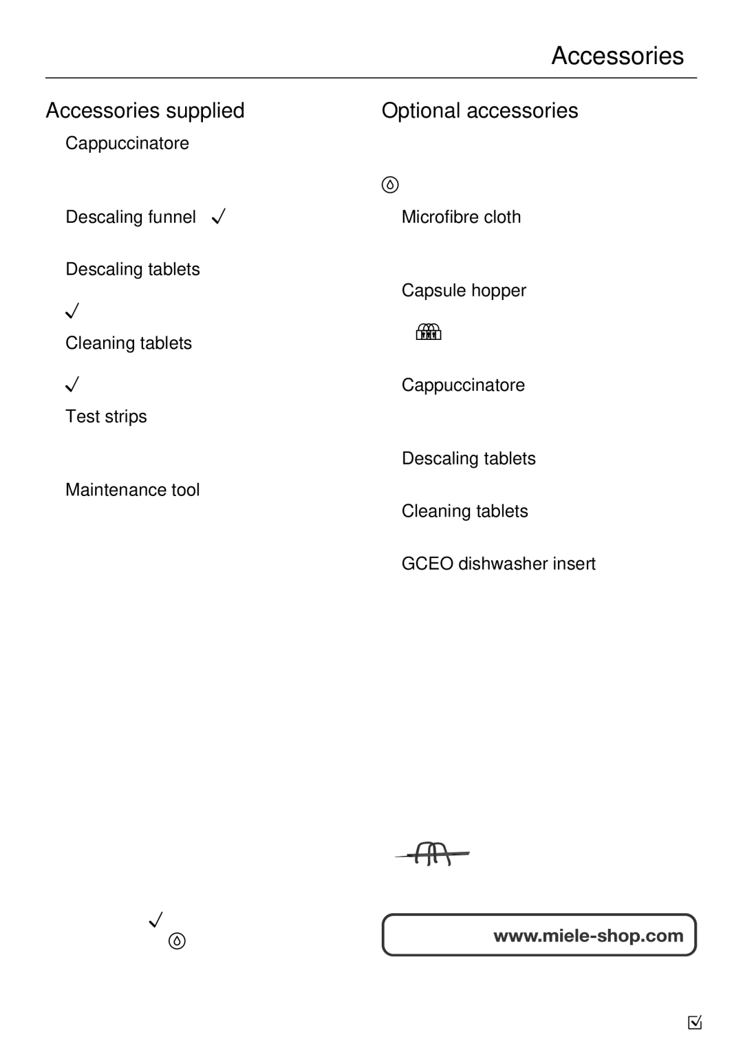 Miele CVA 6431 (C) installation instructions Accessories supplied, Optional accessories 